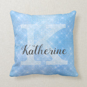 Coussin Girl Pastel Sky Blue Azure Sparkle Monogramme Nom