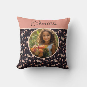 Coussin Girls Floral Unicorn Photo personnalisée avec nom