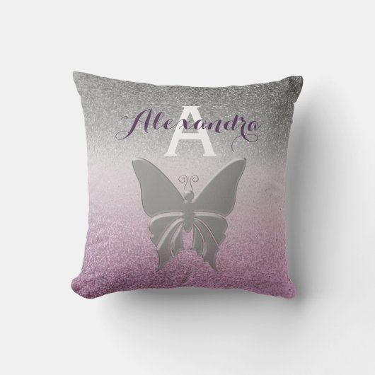 Coussin Girly Argent et Violet Monogrammé (Recto)