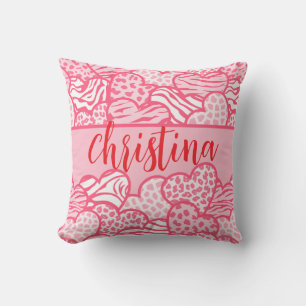Coussin Girly Blush Rose mignon Animal Imprimer Coeurs Nom