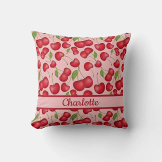 Coussin Girly Cherries motif rose avec nom personnalisé