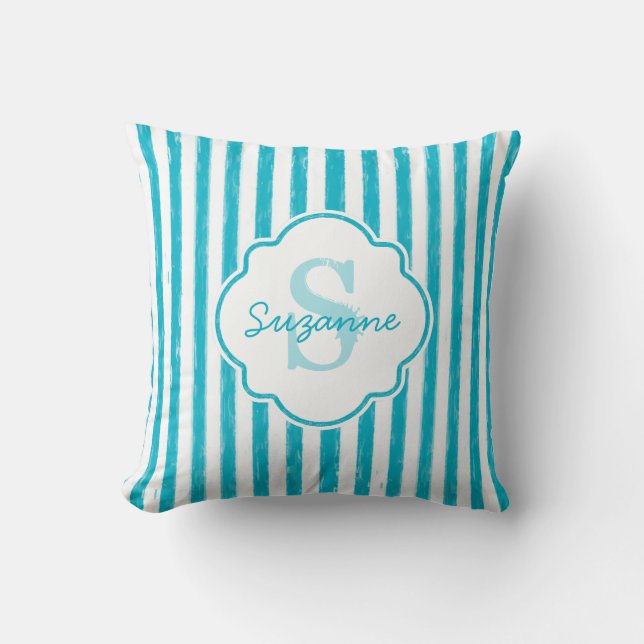Coussin Girly Turquoise Peint Stripes Monogramme et nom (Recto)