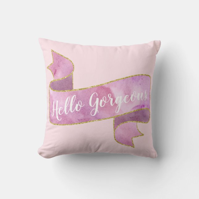 Coussin Girty Pretty Blush Rose Hello Gorgeous Gold Ribbon (Recto)