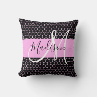 Coussin Glam Black Metallic Rose Honeycomb Nom du monogram