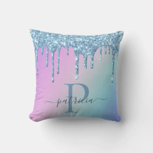 Coussin Glam Bleu Glitter Drips Élégant Monogramme