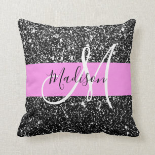Coussin Glam Chic Rose Noir Paillettes Brillantes Monogram