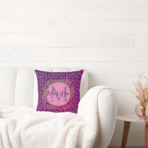 Coussin Glam Leopard rose et violet Monogramme