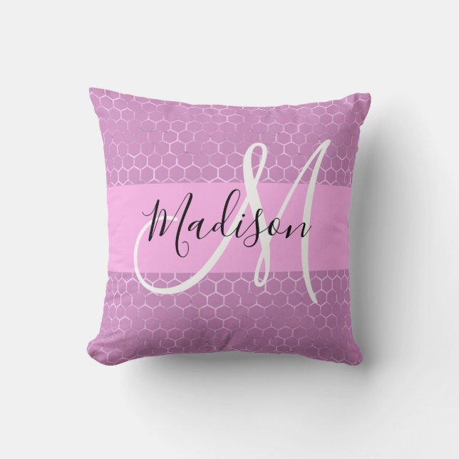 Coussin Glam Lilas Métallisé Rose Nid d'Abeille Monogramme (Recto)