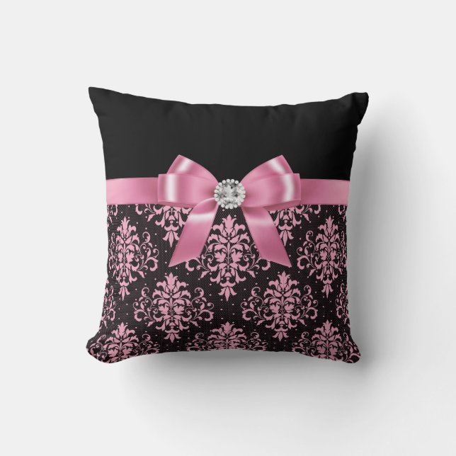 Coussin Glam Rose Bow-Pink Lace-Noir (Recto)