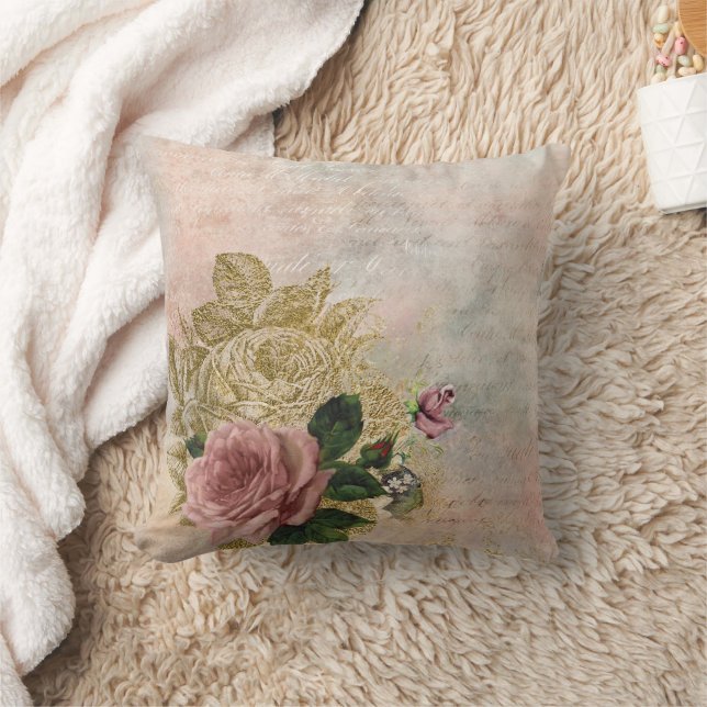 Coussin Glam Steampunk | Rose rose et or Rustique Floral (Couverture)