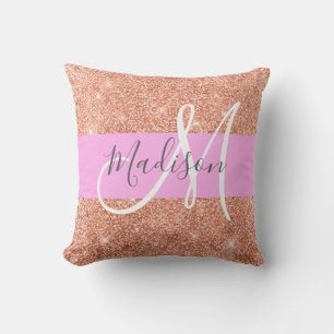 Coussin Glamour Féminin Rose Pêche Or Paillettes Monogramm
