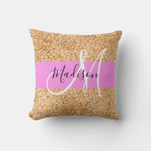 Coussin Glamour Rose & Cuivre Paillettes Monogramme Nom