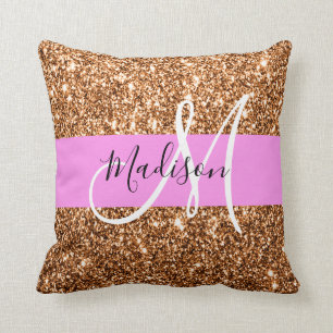 Coussin Glamour Rose & Cuivre Paillettes Monogramme Nom