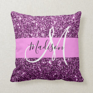 Coussin Glamour Rose et Violet Paillettes Monogramme Nom