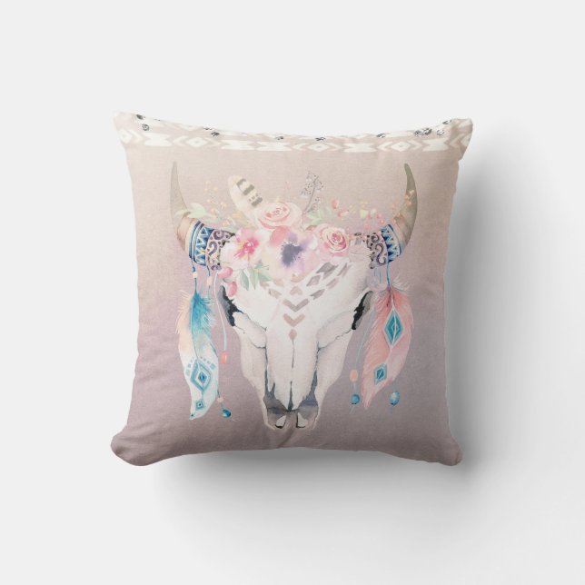 Coussin Glamour Rustique Bohème Fleurs Crâne de Vache & Pl (Recto)