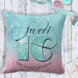 Coussin Glitter and Shine Sweet 16 Teal/Pink ID675