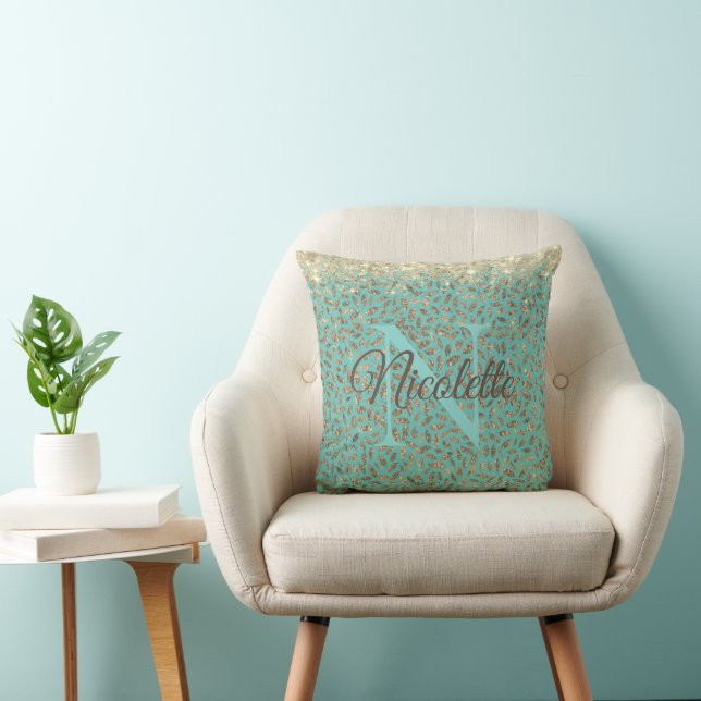 Coussin Glitterie or Monogramme sur Turquoise (Chaise)