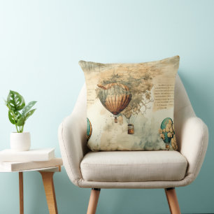 Coussin Globe Carte du Monde Montgolfière Steampunk Sépia