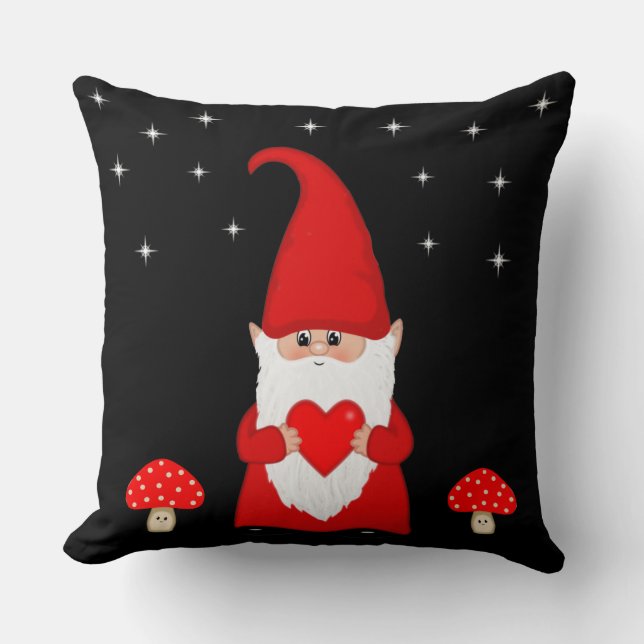 Coussin Gnome de Noël mignon sur noir (Recto)