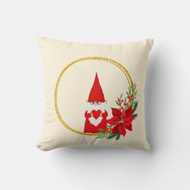 Coussin Gnome de Noël sur beige champagne clair (Recto)