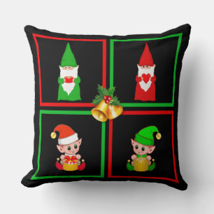 Coussin gnomes et elfes de Noël sur noir, vert et rouge