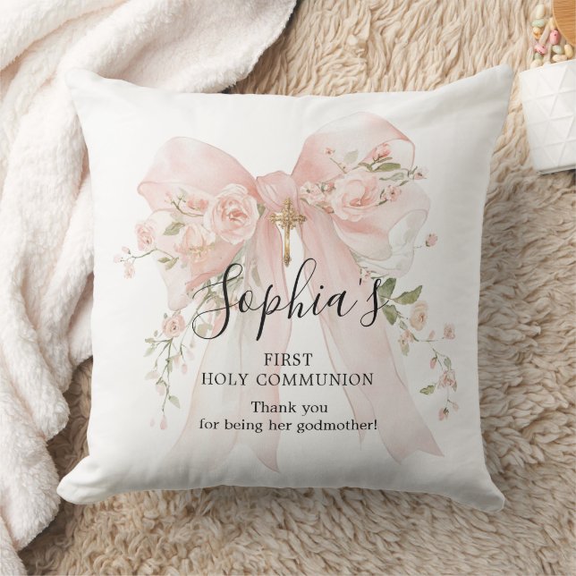 Coussin Godmother Gift First Communion Pink Bow Roses (Couverture)