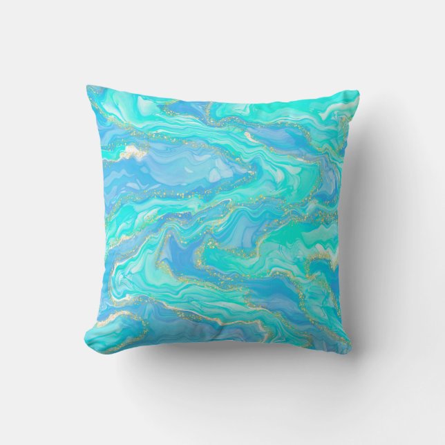 Coussin Gold, Aqua et Blue Abstrait (Recto)