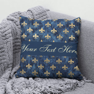 Coussin Gold Blue Fleur De Lis Ajouter Votre Texte Jeter L
