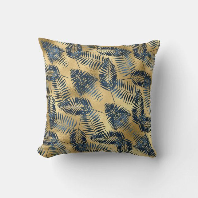 Coussin Gold Blue Palm Leaf Throw Pillow  (Recto)