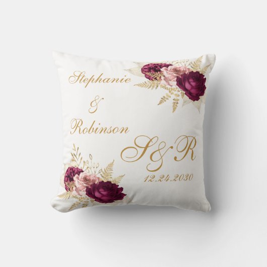 Coussin Gold Bourgogne Floral Personnalisé Monogramme Mari (Recto)