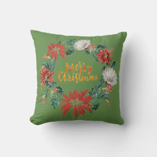 Coussin Gold Brushscript Noël Floral Wreath sur Vert