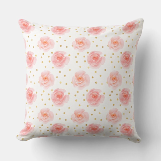 Coussin Gold Confetti Roses d'aquarelle rose (Recto)