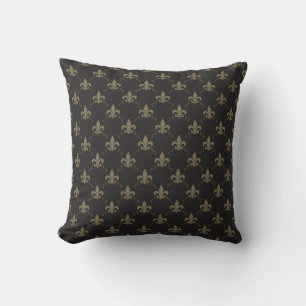 Coussin Gold Fleur De Lis Pattern noir luxueux