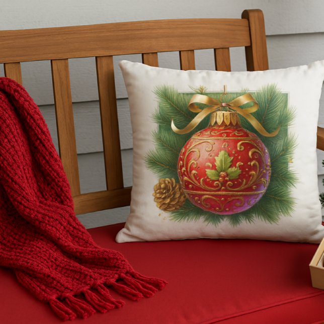 Coussin Gold Flourish Red Ornament & Pine  (Créateur téléchargé)