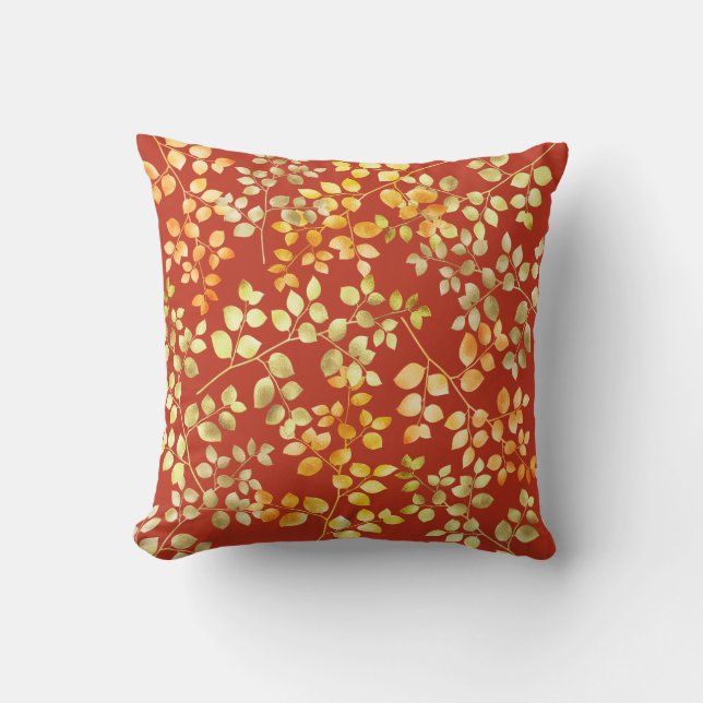 Coussin Gold Foil Automne Automne Orange Brown Green Feuil (Recto)