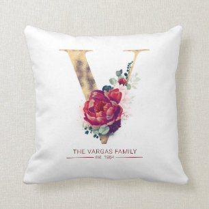 Coussin Gold Foil V Monogramme Floral Bourgogne Rouge