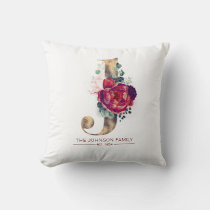 Coussin Gold Glitz J Monogramme Floral Bourgogne Rouge
