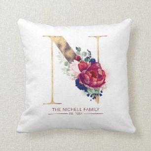 Coussin Gold N Monogramme Bourgogne Florale Rouge et Navy