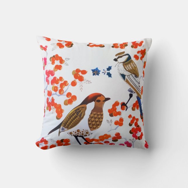 Coussin Gold Noël Oiseaux d'hiver Holly Berries Branches (Recto)