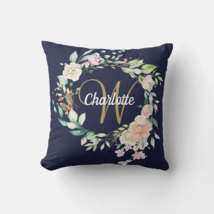 Coussin Gold Script Monogramme Roses Floral Navy bleu