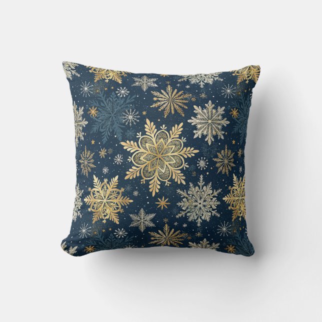 Coussin Gold Snowflakes Blue Winter Christmas  (Recto)