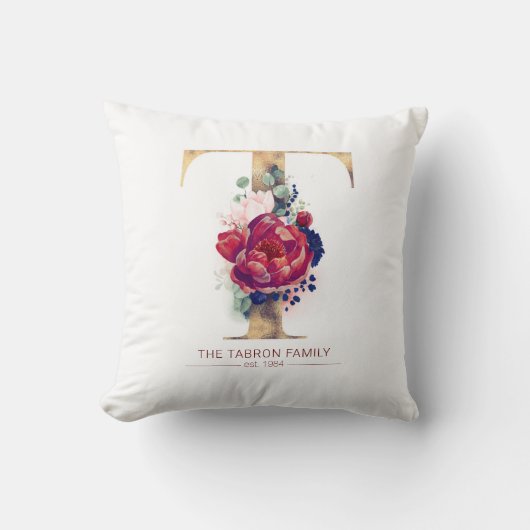 Coussin Gold T Monogramme Floral Bourgogne Rouge et Navy B (Recto)