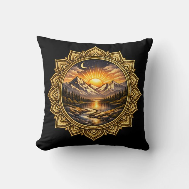 Coussin Golden Boho Mandala Mountain Sunset Art | Black (Recto)