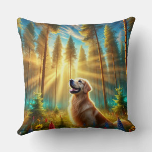 Coussin Golden Retriever dans la forêt enchantée
