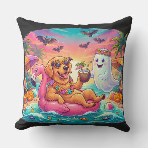 Coussin Golden Retriever Flottant sur un Flamant Rose Hall