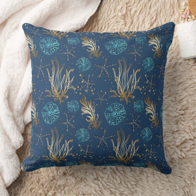 Coussin Golden Starfish & Coral Reef Motif sur Blue (Couverture)