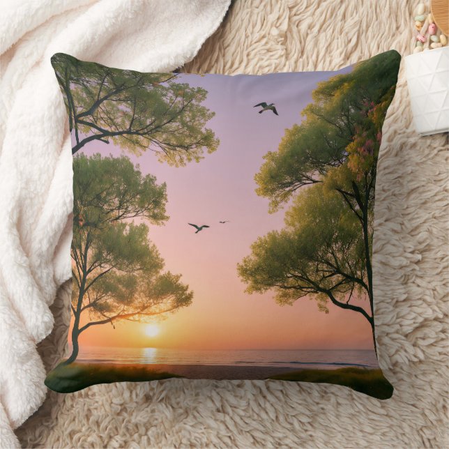 Coussin Golden Sunset Ocean Beach Landscape with Trees  (Couverture)