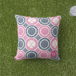Coussin Golf Prépa Damassé - Balles & Clubs Marine et Rose