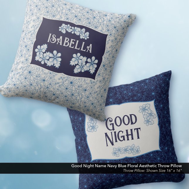 Coussin Good Night Name Navy Blue Floral Aesthetic (Good Night Navy Blue Floral Aesthetic Throw Pillow–Personalized with Your Name)