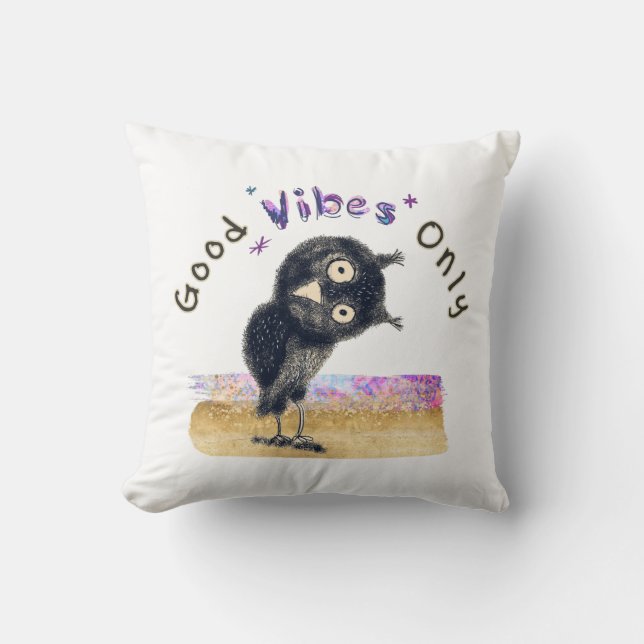 Coussin Good Vibes seulement avec Chouette curieuse (Recto)